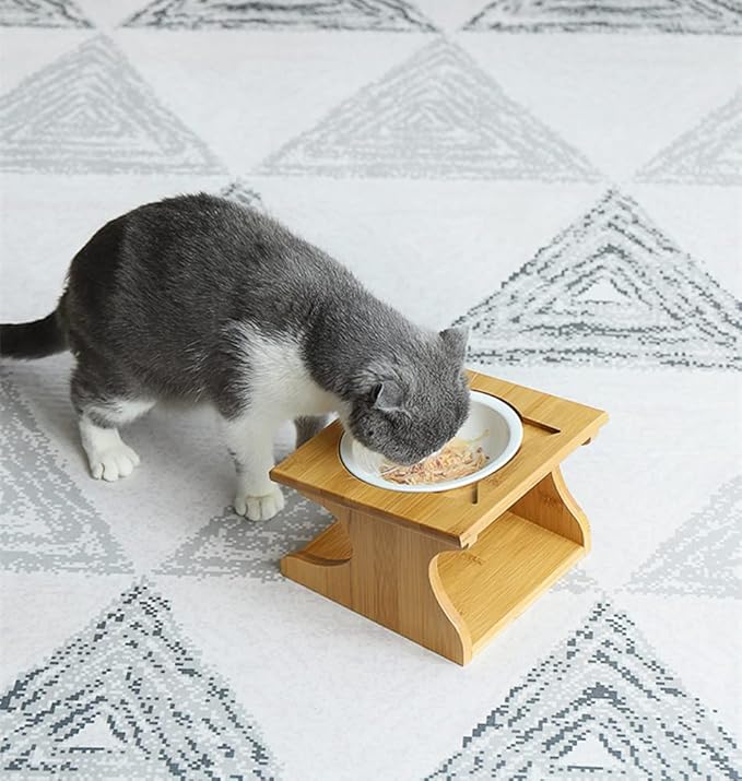 Cat Bowls Pet Dining Table with Raised Slope Wooden Stand Elevated Pet Bowls with Oblique Stand for More Comfortable Eating for Cats, Dogs, Kitten and Puppy (Single Bowl, Ceramics)