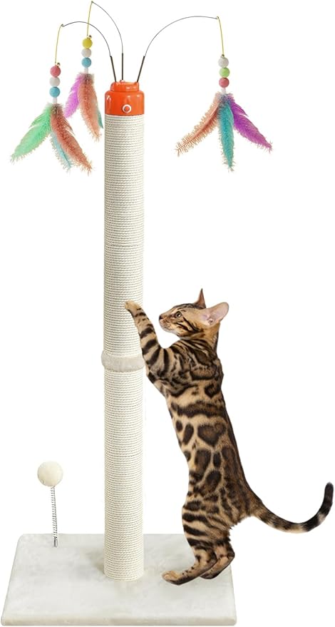 Cat Scratching Post ，41.3" Sisal Rope Cat Scratcher Tall Scratching Post for Indoor Cats Adult with Interactive Cat Toys Automatic Teaser Wand and Rotating Hanging Balls