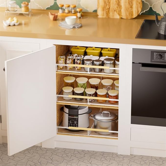 SANNO Pull Out Cabinet Organizer, Slide Out Kitchen Cabinet Storage Sliding Shelves, Bottom-Mounted,Expandable Slide Out Shelves for Home, Kitchen, Bathroom, Pantry, Closet(1pack)