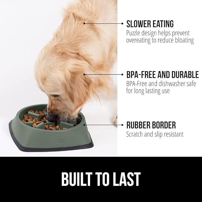 Gorilla Grip Slow Feeder Dog Bowl and Pet Feeding Mat, 4 Cups Dogs Pet Bowls Slip Resistant in Sage Color, Dog Food Mats Size 18.5x11.5 Waterproof Placemats in Hunter Green Color, 2 Item Bundle
