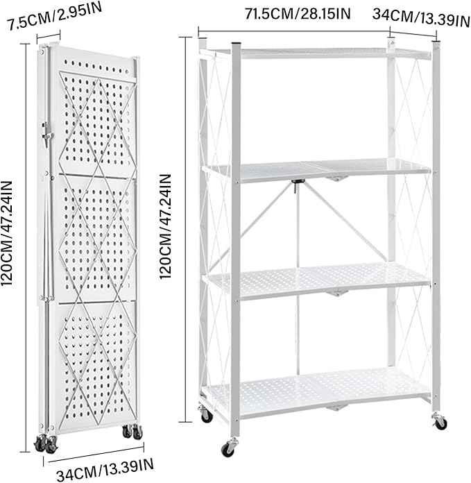 Folding Shelf Foldable Shelves with Wheels - Folding Shelves No Assembly , Collapsible Shelf Unit Display, Kitchen Organizers and Storage, Pop Up Heavy Duty Rack , 4-Tier White 28"D x 14"W x 49"H