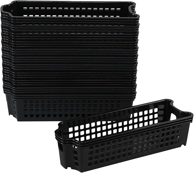 12 Pack Plastic Slim Storage Basket, 10.43" x 3.74" x 2.55" Small Stackable Plastic Storage Baskets, Black