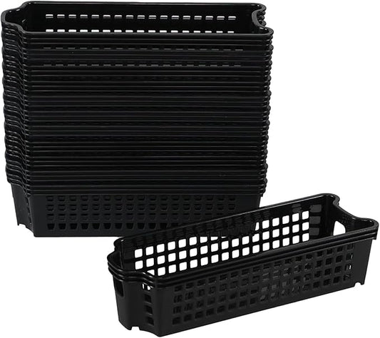 12 Pack Plastic Slim Storage Basket, 10.43" x 3.74" x 2.55" Small Stackable Plastic Storage Baskets, Black