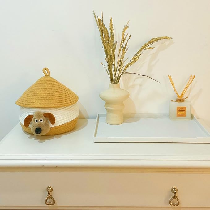Bellar Small Rope Basket With Lid Woven Storage Box Cute Animal Dog Toy Box Organizers Cotton Rope Basket for Kids Small Snack Storage Area Decorative Boxes Aesthetic-8.6''*8.6''-Brown*White