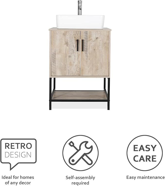 eclife 24" Bathroom Vanity Sink Combo Modern Metal Stand Cabinet W/Bottom Shelf White Rectangle Vessel Sink & Water Save Faucet & Pop Up Drain, Oak (T03)