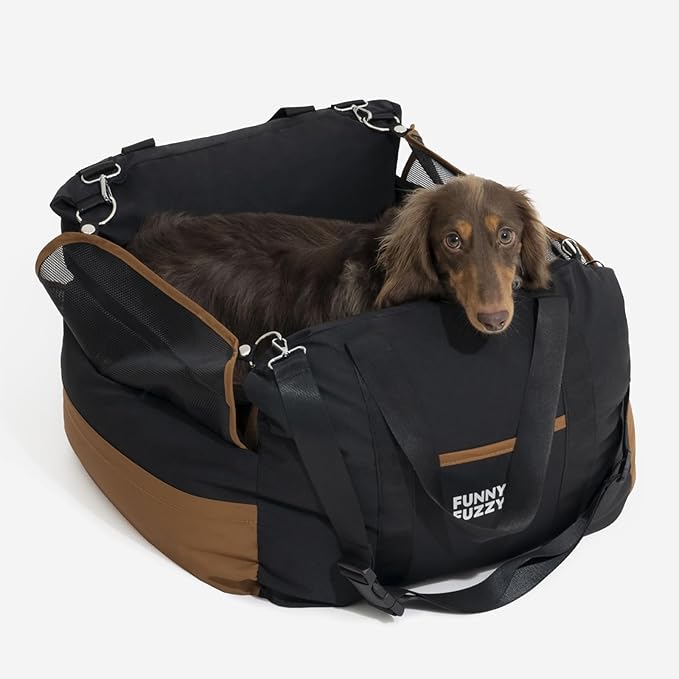 FUNNY FUZZY Waterproof Dog Car Seat for Small & Medium Dogs Up to 35lbs, Detachable & Washable Pet Booster Seat with Leash, Thick Cushion, Storage Pockets & Adjustable Straps (Black)