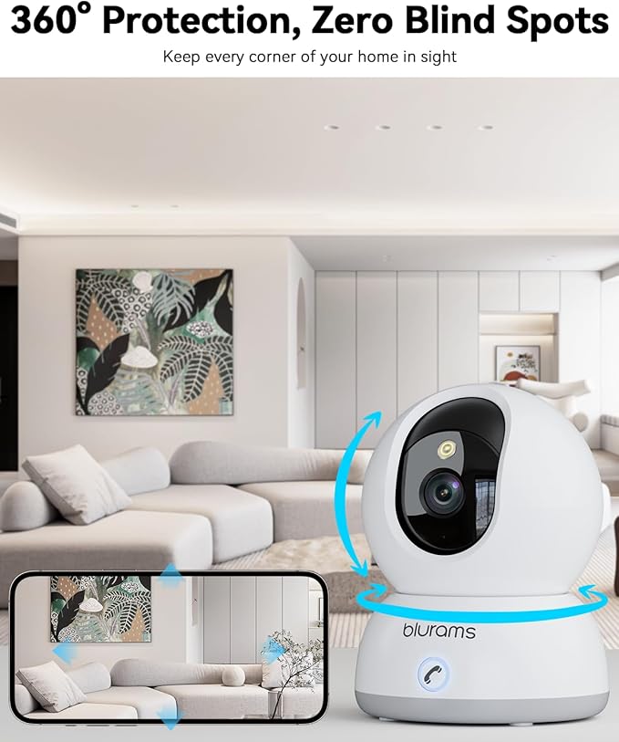 blurams 4K Indoor Cameras for Home Security, 360° PTZ Pet Camera with Phone App, One-Touch Call, Free Human/Pet/Motion/Sound/Cry Detection, Dual-Band WiFi 6, Work with Alexa