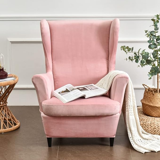 OBCREAT Wingback Chair Covers,2 Piece Stretch Velvet Wingback Chair Slipcover Soft Wing Chair Sofa Covers with Elastic Bottom,Armchair Couch Cover Furniture Protector for Living Room (Pink)