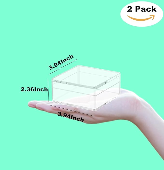 Acrylic Box 2 Packs Clear Display Box Plastic Square Cube Acrylic Storage Containers Wedding Candy Box for Jewelry Collectibles, Minerals,Figurines 4x4x2.4Inch/100x100x60mm