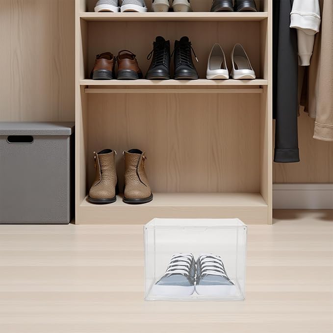 Large Acrylic Shoe Storage Box Organizer 45x33x33cm Stackable Plastic Sneaker Display Container with Side Opening for Closet Entryway under Bed