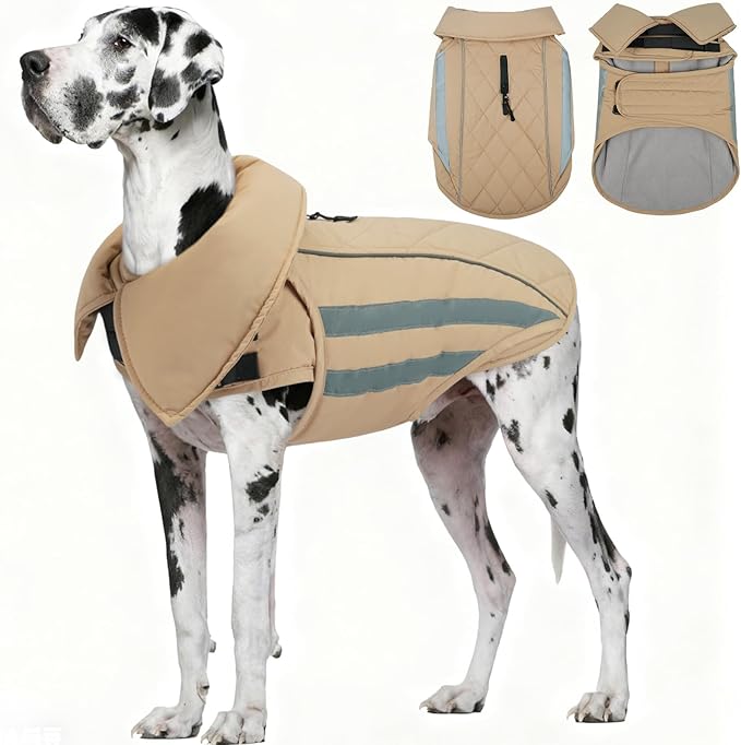 IECOii 4XL Dog Jacket Waterproof Winter Snowsuits Warm Cold Weather Coats with Fleece Lining, Reflective & Adjustable Outdoor Giant Pets Snow Vest Coat, Mashine Washable, Khaki, Sizes XXXXL