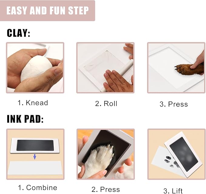 ZAPVLVT Paw Print Impression Kit for Dogs and Cats, 2 Clay, Large Ink Pad, Wooden Picture Frame, Pet Memorial Keepsake, Gift for Pet Owners & Lovers