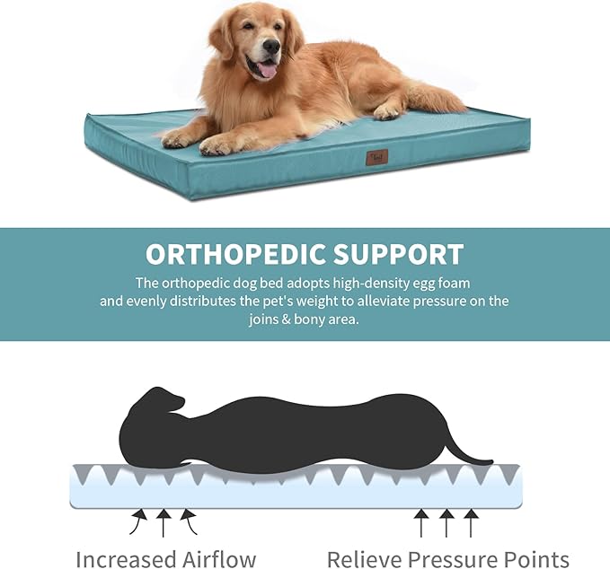 Outdoor Large Washable Dog Bed, Orthopedic Egg Crate Foam Dog Crate Mat for Large Dogs with Removable Oxford Cooling Cover, Light Blue