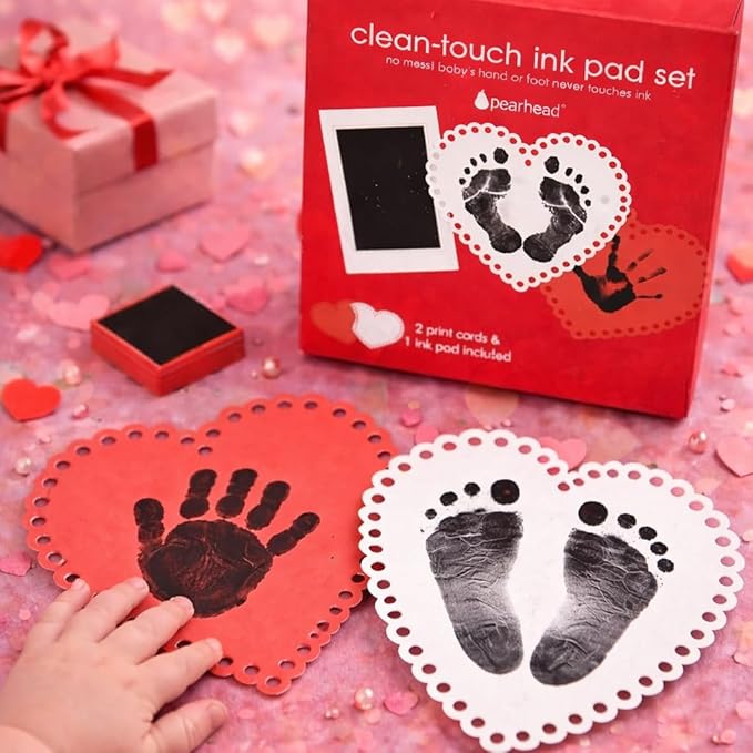 Pearhead Valentine's Day Baby Clean-Touch Ink Pad Set, No Mess Handprint and Footprint Maker, Baby's First Valentine, 2 Heart Print Cards