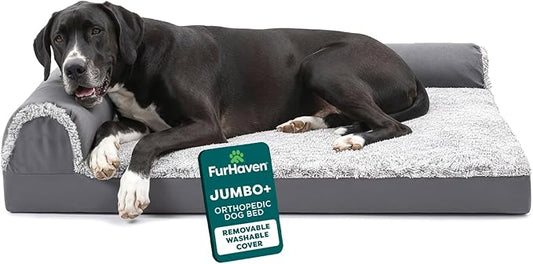 Furhaven Orthopedic Dog Bed for Large Dogs w/ Removable Bolsters & Washable Cover, For Dogs Up to 125 lbs - Two-Tone Plush Faux Fur & Suede L Shaped Chaise - Stone Gray, Jumbo Plus/XXL
