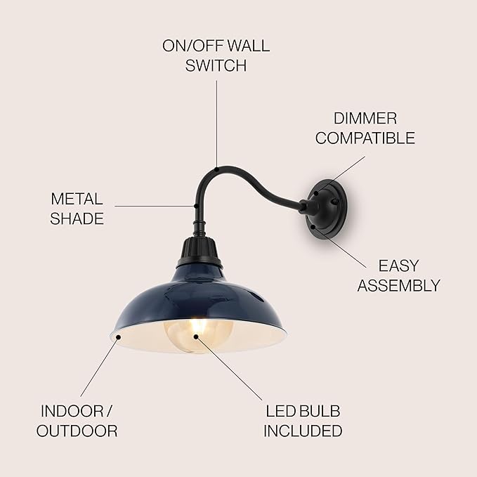 JONATHAN Y JYL7613C Aurora 12.25" 1-Light Farmhouse Industrial Indoor/Outdoor Iron LED Gooseneck Arm Outdoor Sconce Metal Bowl Shade Vintage Cottage Rustic Porch Patio Yard Barn, Navy