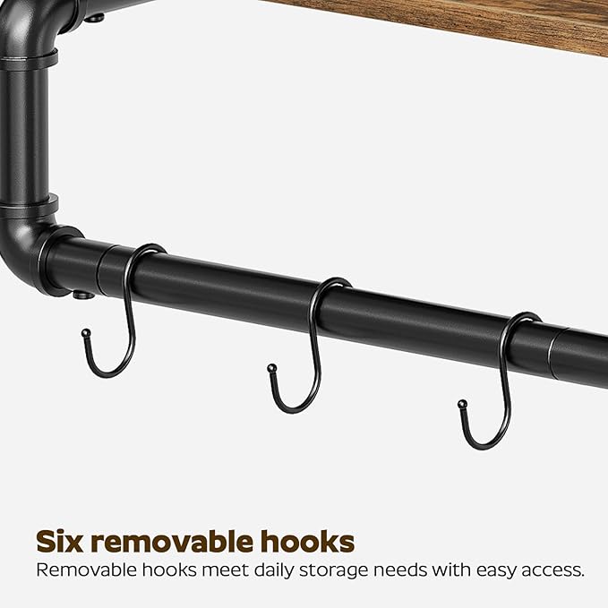 Pipe Clothes Rack, 43.3 in Wall Mounted Garment Rack with Top Shelf, Industrial Clothing Rack with Hanging Rod, Heavy Duty Detachable, Space Saver Hanging Clothes Rack, Rustic Brown FS11BRY1