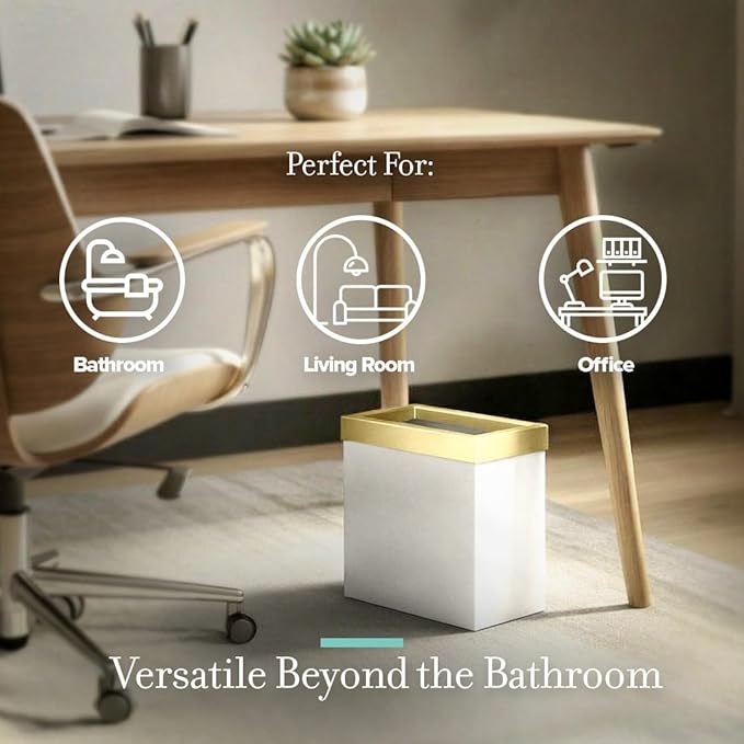 Gatco Modern Rectangle Wastebasket, Matte Pearl and Brushed Brass Combo - Stainless Steel Trash Can with Removable Lid, Leakproof, 3 Gallon Capacity for Bathroom, Bedroom, Kitchen, or Office