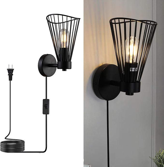 Plug in Wall Sconce Indoor Large Industrial Wall Sconces Farmhouse Wall Lamp with Plug in Cord Vintage Black Wall Lights with On/Off Switch Wall Light Fixture for Living Room Bedroom Rustic