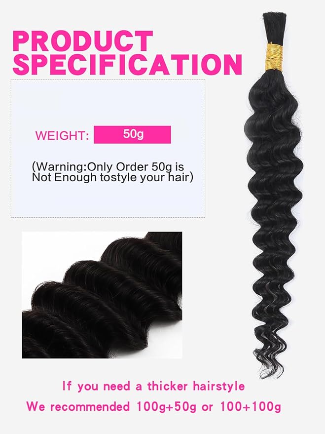 Selina Human Braiding Hair Bundle 50g Loose Deep Bulk Micro Braiding Hair Deep Wave Bulk Human Hair For Braiding Natural Black Color (Loose Deep, 22inch)