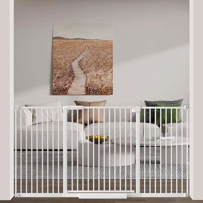 WAOWAO 1.37" Ultra Narrow Spacing Extra Wide Baby Gate 61.61-65.55" Pressure Mounted Walk Through Double Lock Swing Auto Close Safety White Metal Toddler Child Dog Pet for Indoor,Doorway,Kitchen