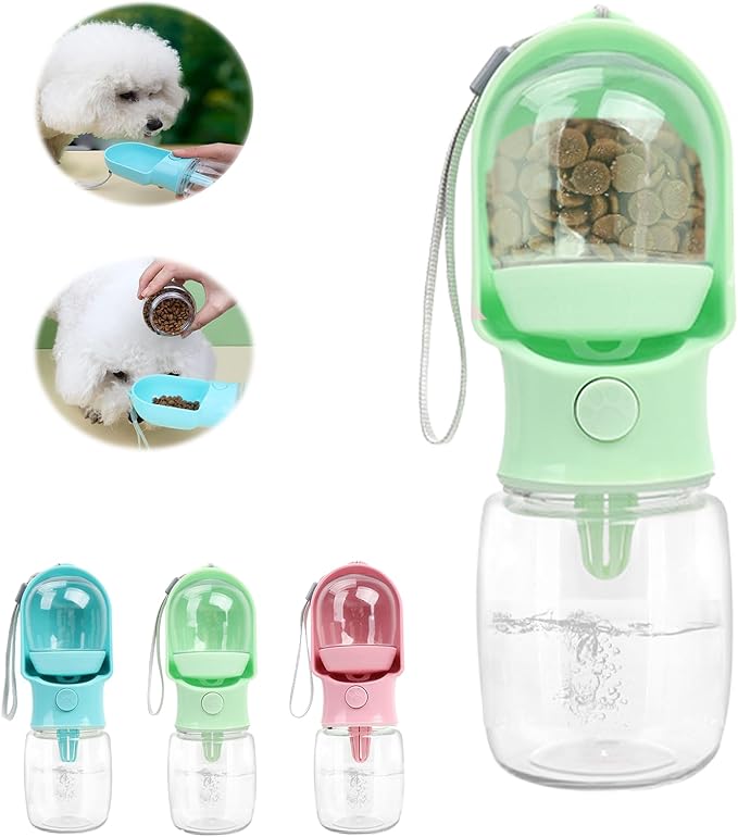 11oz Portable Dog Water Bottle with 6oz Food Container - Leakproof Travel Dispenser for Cats, Dogs & Service Animals, Dog Walking Accessories-Green