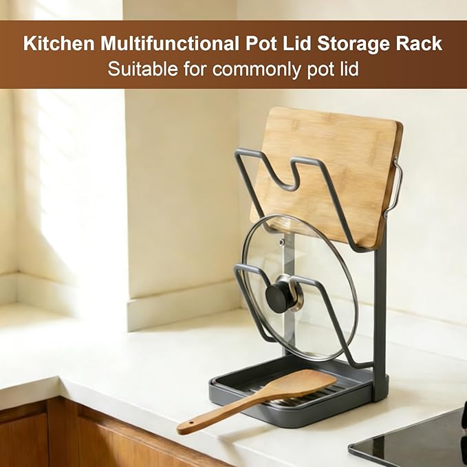 Pot Lid Holder,304 Stainless Steel Pot Lid Holder While Cooking,Kitchen Pot Lid Storage Rack, Removable Drip Tray, Multifunctional Kitchen Organizer Stand for Countertop (Gray, Single-layer)
