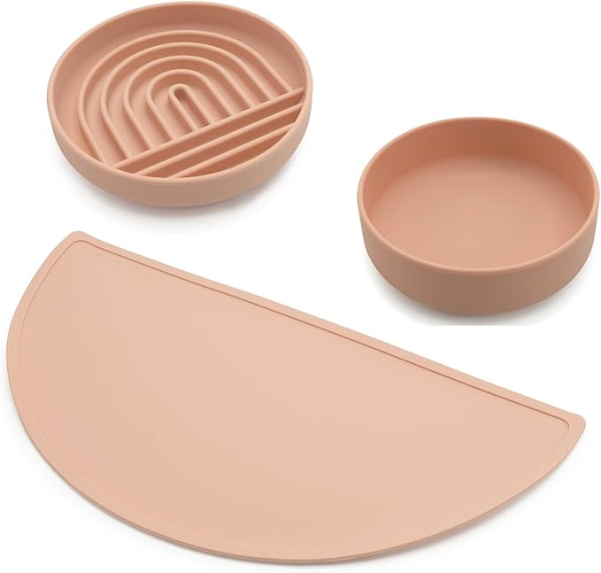 Should We Go? Silicone Pet Feeding Set - Slow Feeder Bowl, Waterproof Mat & No-Spill Water Bowl, Non-Slip, Easy-to-Clean, Durable, Large-Blush for Dogs & Cats