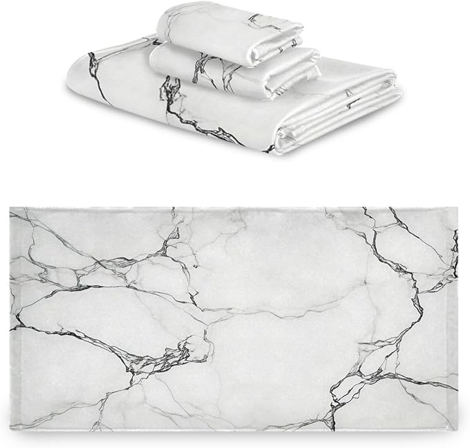 Pfrewn Marble White Towels Set of 3 Marbling Texture Art Bathroom Towel Soft Absorbent Bath Hand Towels Washcloth Guest Towel Sets Bathroom Decorations