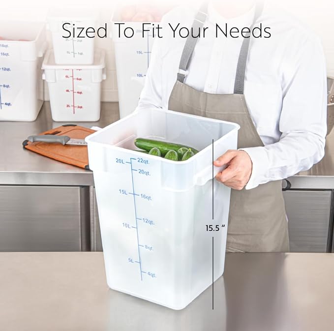 Restaurantware Food Storage Container 1 Pack of 22 qt Plastic Kitchen Storage Bin with Volume Markers Space-Efficient Design Dishwasher-Safe Polypropylene Translucent