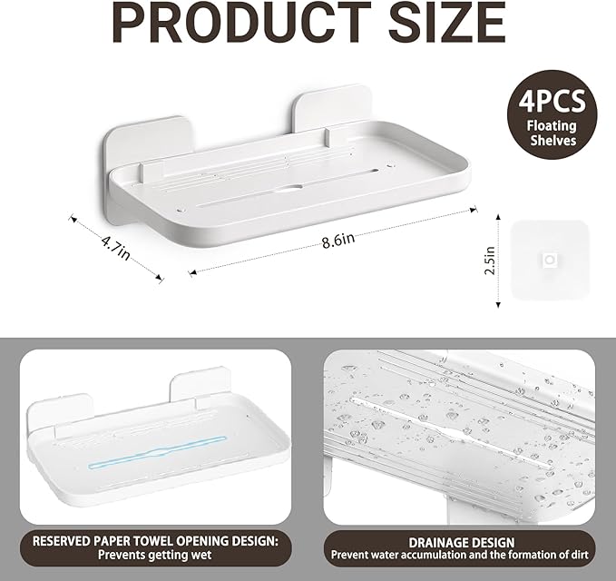 2 Pack Adhesive Floating Shelves No Drill Small Floating Shelf for Wall Storage Damage-Free Wall Mounted Organizer for Bathroom, Kitchen, Bedroom & Office (White-4pcs)