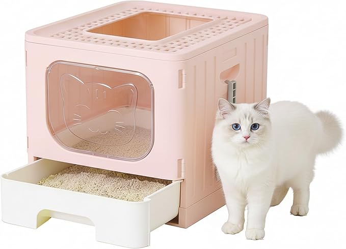 Cat Litter Box with Scoop, Large Foldable Litter Box with Lid & Drawer Tray, Front Visible Entry Top Exit Kitty Box, Odor Control, Easy to Clean