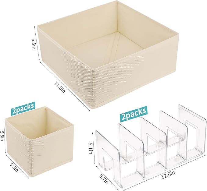 2 Acrylic File Sorters with 4 Sections for Documents/Notebooks and 3 Foldable Fabric Drawer Dividers for Clothes, Underwear, Socks, Towels - Multifunctional Storage Boxes for Home Office and Bedroom