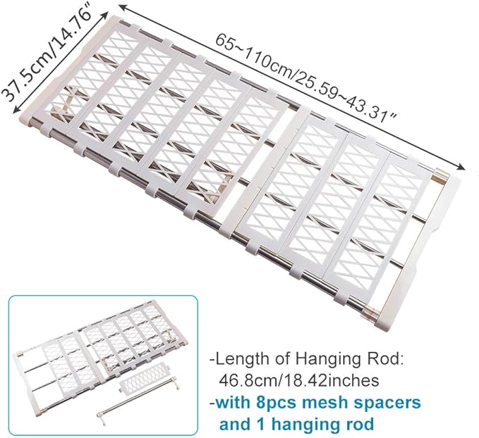 BAOYOUNI Expandable Closet Rod Pole Organizer Clothes Storage Rack Shelving Units Wardrobe Separators with 8 Mesh Spacers and 1 Hanging Rod, 25.59-43.31 IN