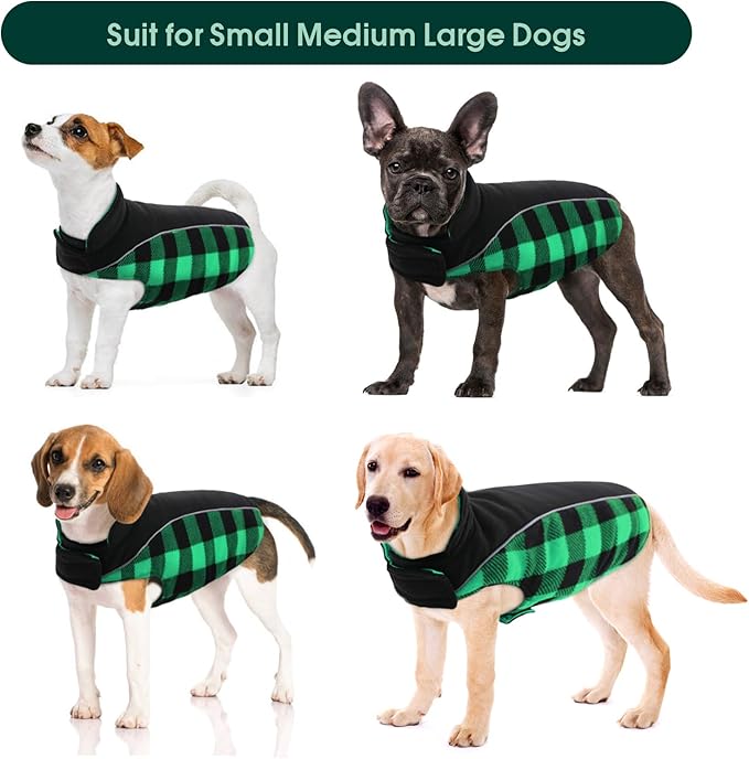 Kuoser Dog Winter Coat, Reversible Waterproof Dog Jacket with Reflective Strip, Warm Dogs Fleece Vest Adjustable Doggy Cold Weather Clothes Plaid Christmas Outfit Pet Apparel for Medium Dogs, Green M