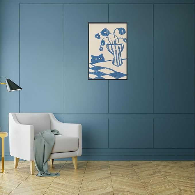 Funny Sneaky Cat Poster Scandi Animal Sketch Canvas Wall Art Blue Modern Abstract Flower Vase Aesthetic Prints Painting For Living Room Kitchen Dining Room Wall Decor 24x36in Framed