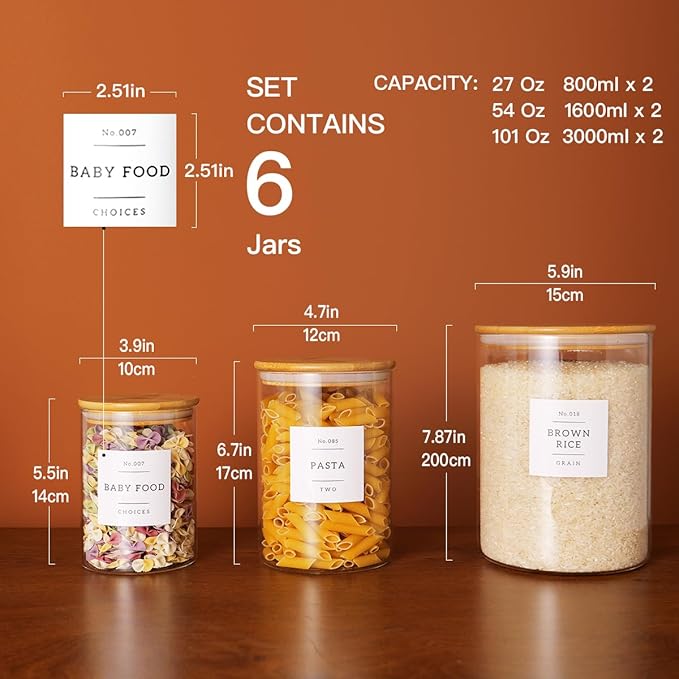 Set of 6 Glass Flour and Sugar jars with 132 Kitchen Pantry Labels - Thicken Large Glass Storage containers with Airtight Bamboo Lid - Rice Canisters for Salt Coffee - 100OZ/54OZ/27OZ