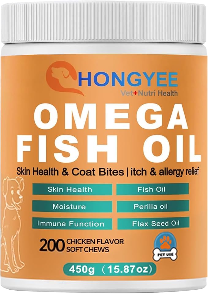 Omega 3 Fish Oil for Dogs, 200 Soft Chews (450g) - Skin and Coat Supplement - Itch & Allergy Relief, Shedding Control & Hot Spots Support - with EPA & DHA, Natural Chicken Flavor