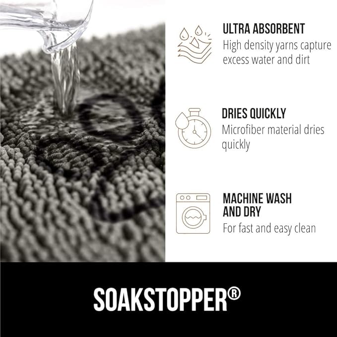 GORILLA GRIP SoakSTOPPER Dog Door Mat, 35x24 Machine Washable Rug Absorbent Doormat Captures Moisture Mud Dirt, Quick Dry Soft Chenille Entryway Rugs Indoor Entrance Mats for Dog Paws, Paw Grey