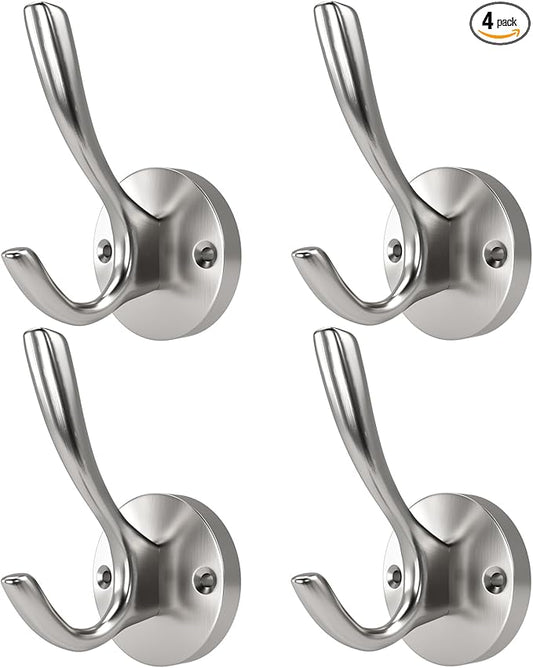ZUONAI Brushed Nickel Towel Hooks for Bathrooms Wall Mounted 4 Pack Brushed Nickel Coat Hooks Heavy Duty Towel Wall Hooks for Coats Robes Hats Bath Entryway Cubicle Kitchen