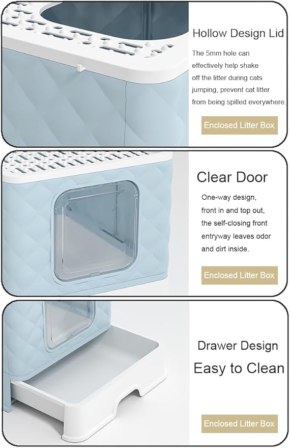 Gagee Foldable Cat Litter Box, Extra Large Front Entry Top Exit Box with Lid, Drawer Type Enclosed Kitty Scoop, Anti-Splashing Toilet Easy Cleaning,Blue