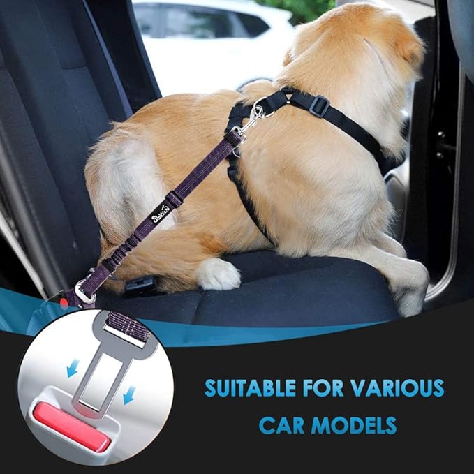 SlowTon Dog Seat Belt for Car, 2 Pack Dog Car Harness Seatbelt Adjustable with Elastic Bungee Buffer, 2 in 1 Pet Car Leash Headrest Restraint Dog Reflective Safety Tether (Purple, Headrest+Clip)