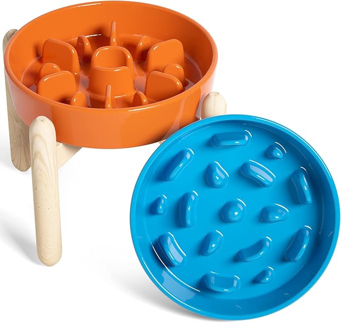 LE TAUCI Ceramic Slow Feeder Raised Dog Bowls with Wooden Stand, Puzzle Feeder, Elevated Dog Dishes to Slow Down Eating, 8 Inch Anti-Gulping Pet Feeding Dishes for Medium Dog