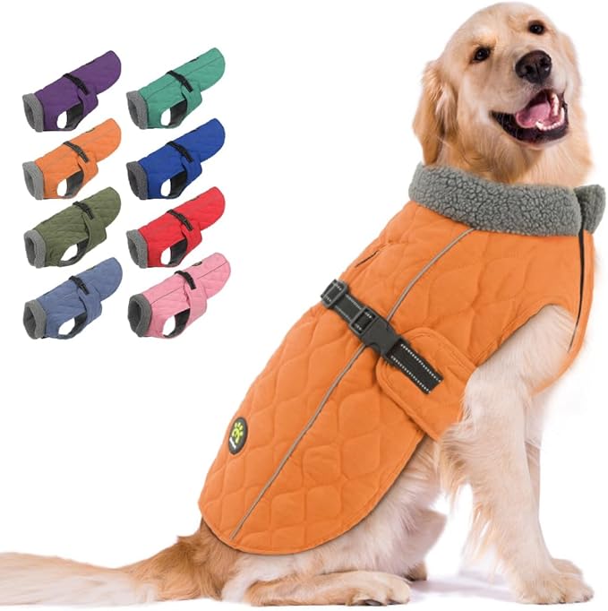 Dog Jackets, Furry Collar Winter Coats for Dogs with Warm Fleece Lining, Reflective Winter Dog Jackets Windproof Doggie Coats for Large Dogs, Orange L
