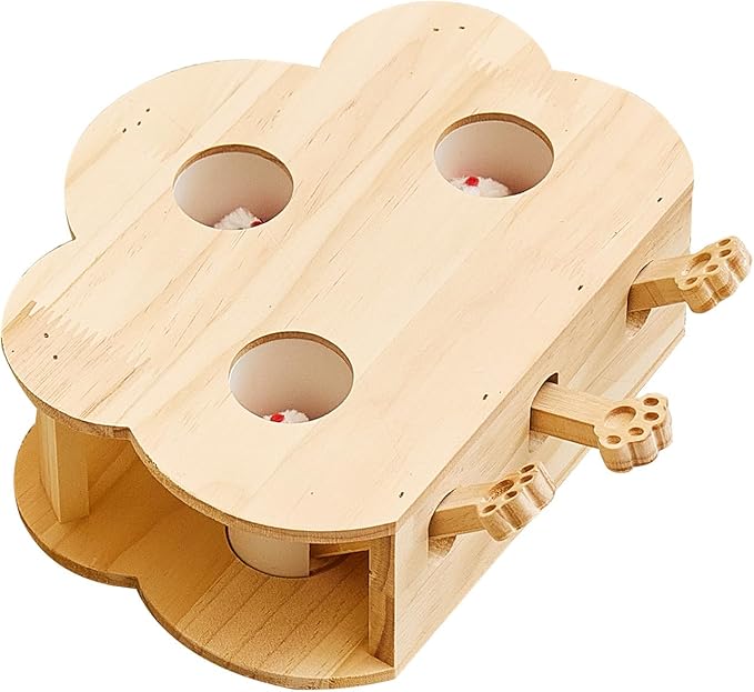 Wooden Whack-a-mole Interactive Cat Toy for Indoor Cats Interactive Pet Toy Box Cat Puzzle Toy for All Ages Cats for Indoor Play Exercise (3 Holes)