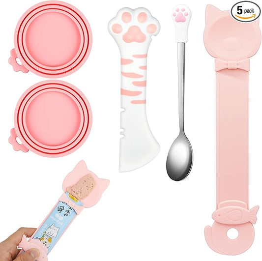 5 PCS Cat Food Can Covers Lids Set, Silicone Pet Food Can Lids with Multi-Function Cat Food Spoon and Opener, Cat Bar Squeezer, Stainless Steel Wet Food Spoon for Cats and Dogs (Pink)