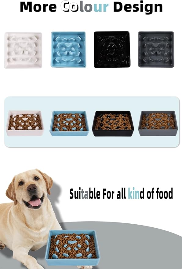 Square Slow Feeder Dog Bowls, Ceramic Fun Slow Eater Bowl for Small Medium Breed (Turquoise)