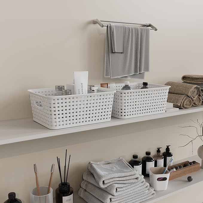 9-Packs Plastic Storage Woven Storage Baskets, Plastic Baskets with Handles, Baskets for Home and Office Organizing, White.