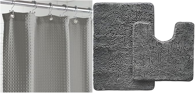 GORILLA GRIP Waffle Shower Curtain and Area Rug Set, Waffle Shower Curtain Size 72x72, Washable, Contour Set Includes 30x20 Bath Rug and Toilet Mat, Microfiber Quick Dry, Both in Gray, 2 Item Bundle