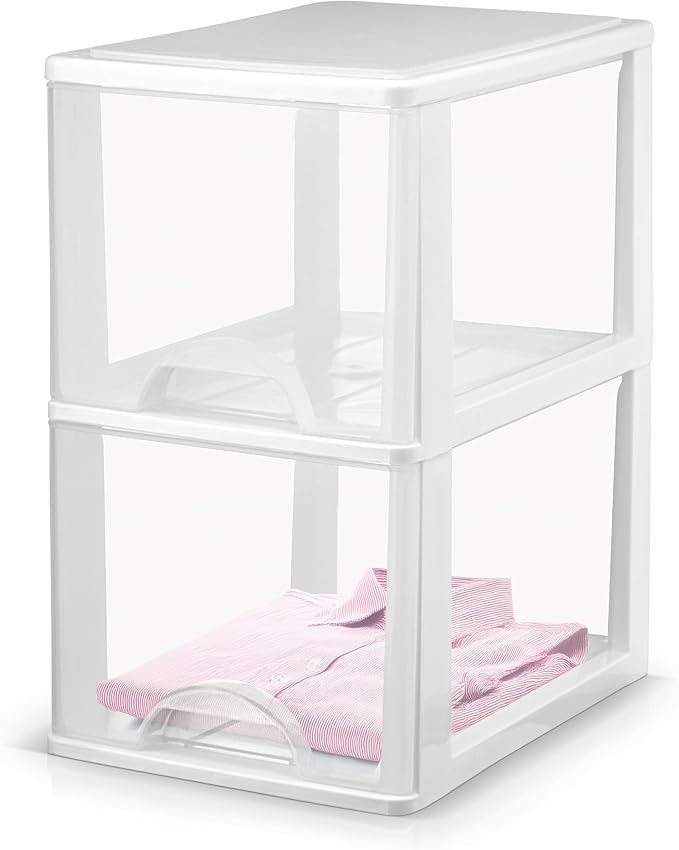 Plastic 2-Drawer Storage Organizer, 4-Pack for Classroom Art Supplies Dresser Closet Bathroom Dorm Bedroom Laundry Room, Slim Narrow, White/Clear Crafts Drawers Storage Organizer (13"H x 10"D x 7"W)